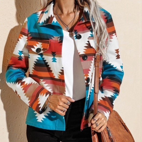 Geo Print Single Breasted Jacket shein Aztec flannel XS western coat​ country​​ - Picture 8 of 11
